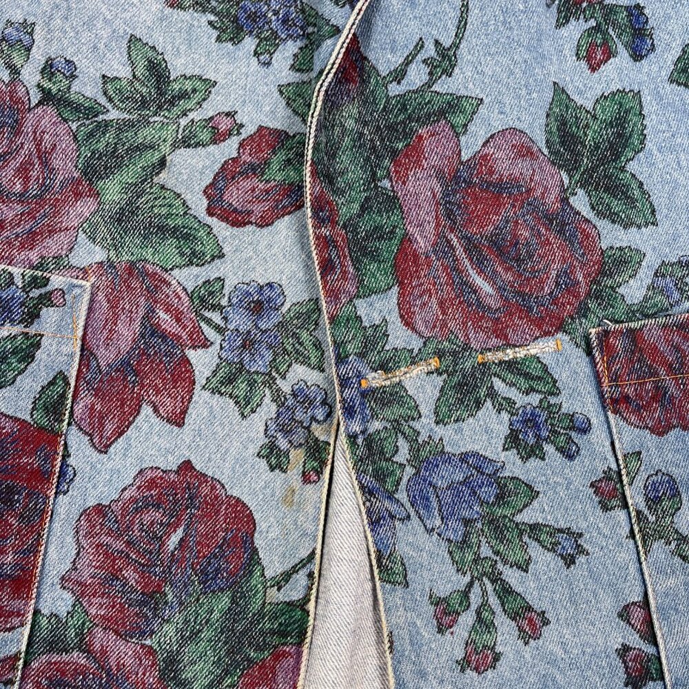 JOUJOU Blazer Womens S Blue Denim Floral Vintage 80s Oversized Boxy Long Jacket - Picture 3 of 13